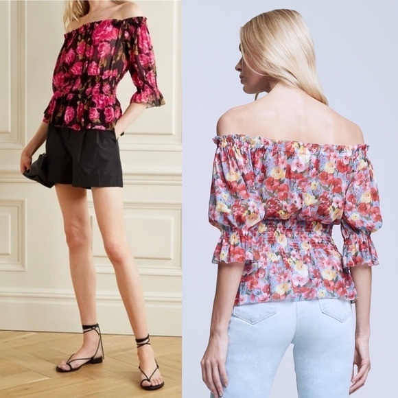 NWT L’AGENCE 70s Off Shoulder Snake Print Smock Waist Ruffle Trim Chiffon Top XS - Picture 5 of 9